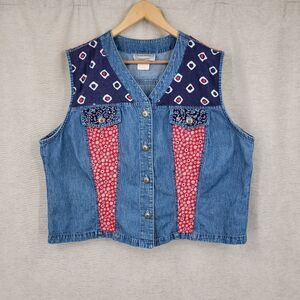 Stonebridge Vintage Denim Vest with Red and Blue Patchwork Patriotic